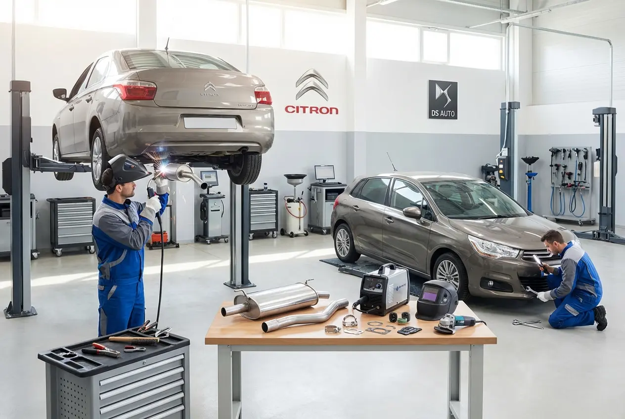 Ремонт глушителя с помощью сварки в автосервисе DS Auto Жуковский – качественное восстановление выхлопной системы Citroen
